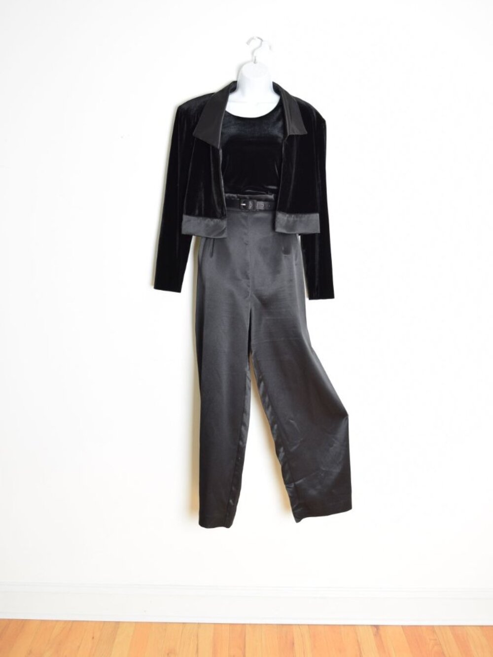 vintage 90s jumpsuit jacket set black velvet satin tuxedo one piece outfit L